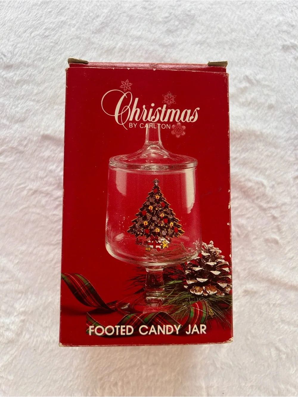 Carlton Vintage Christmas Footed Clear Glass Candy Jar Lid Tree w/ Box